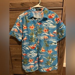 Worn once—- 

Men’s Medium - tropical blue flamingos palm tree - button down